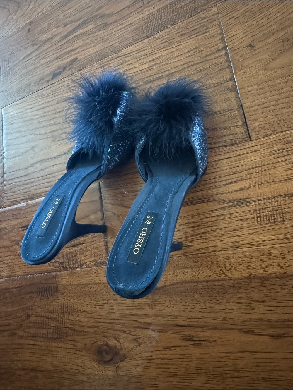 OHSKO Black Feather & Sequin Slide Mules